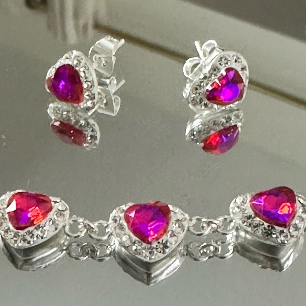 Sterling Silver 925 Choker & Earrings Heart Set Zircons Fuchsia